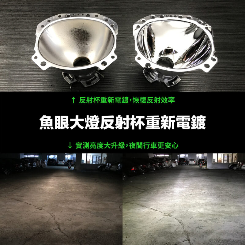 大燈達人魚眼大燈反射杯重新電鍍，實際亮度增加範例